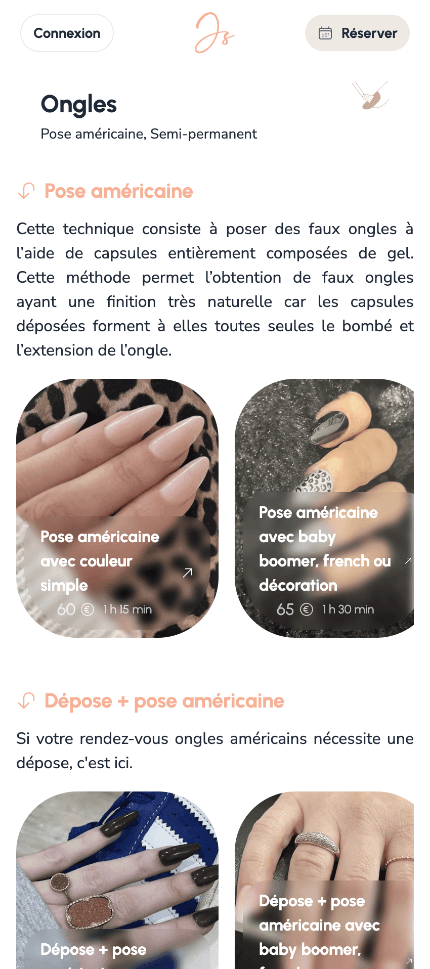 Vue rapprochée des prestations ongles : chaque carte affiche son tarif et sa durée.