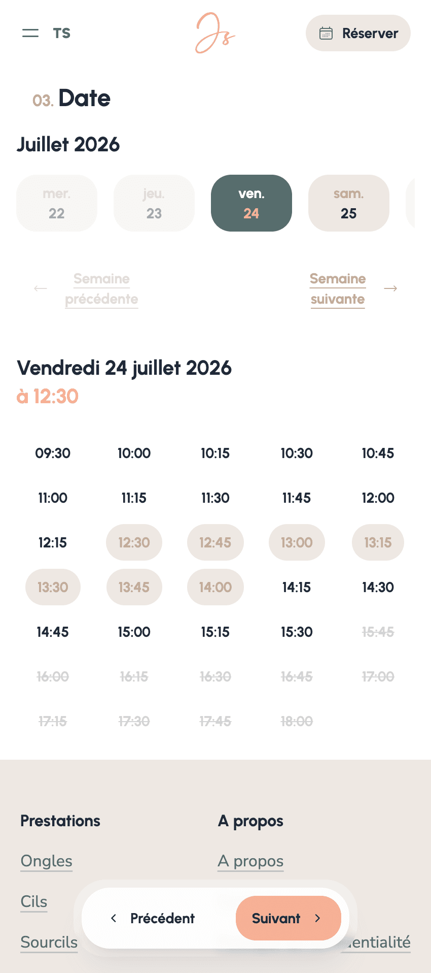 Étape de choix du créneau : semaine, jour puis horaires disponibles.