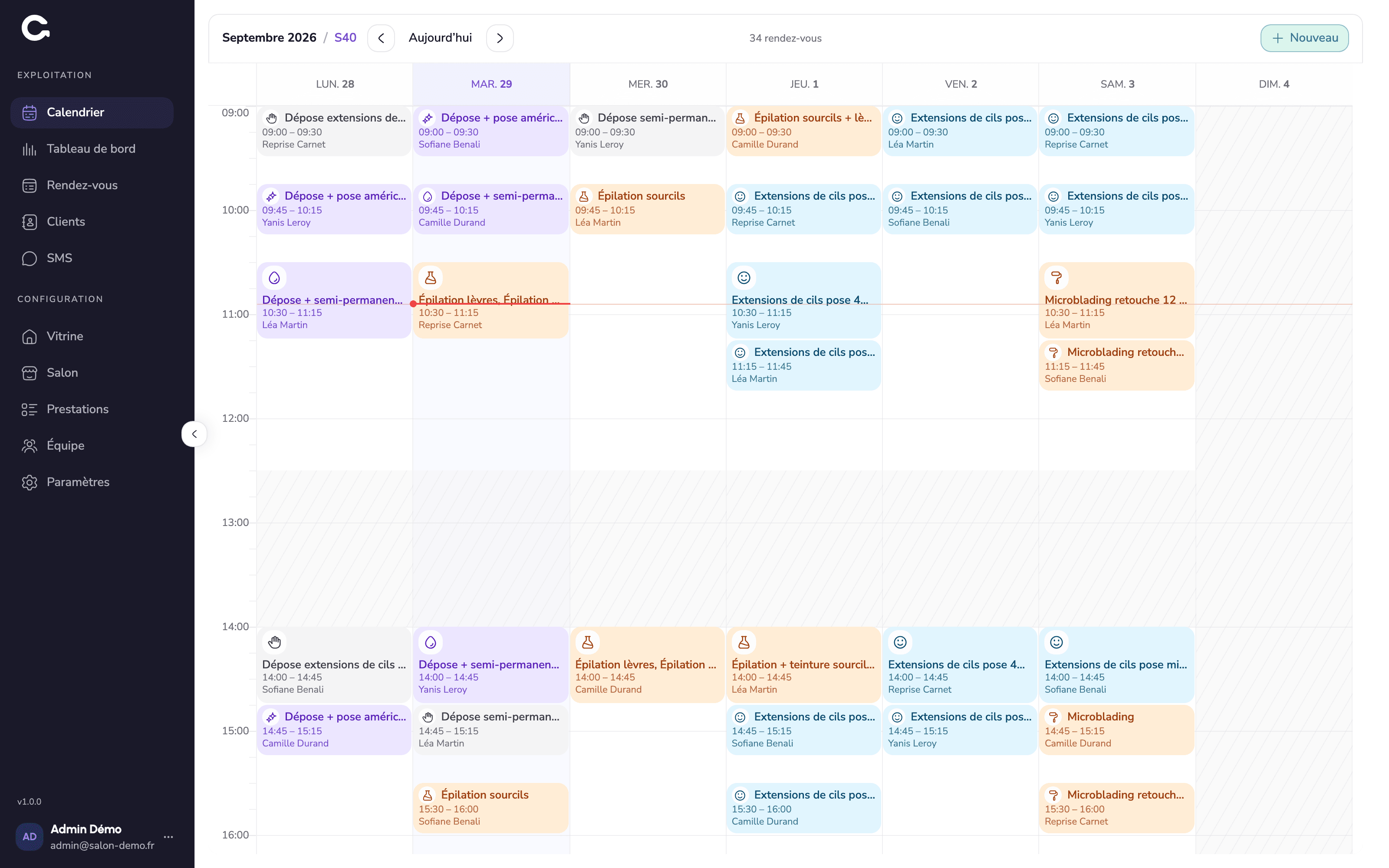 Calendrier hebdomadaire du back-office Créno, avec les rendez-vous de la semaine par jour et par créneau