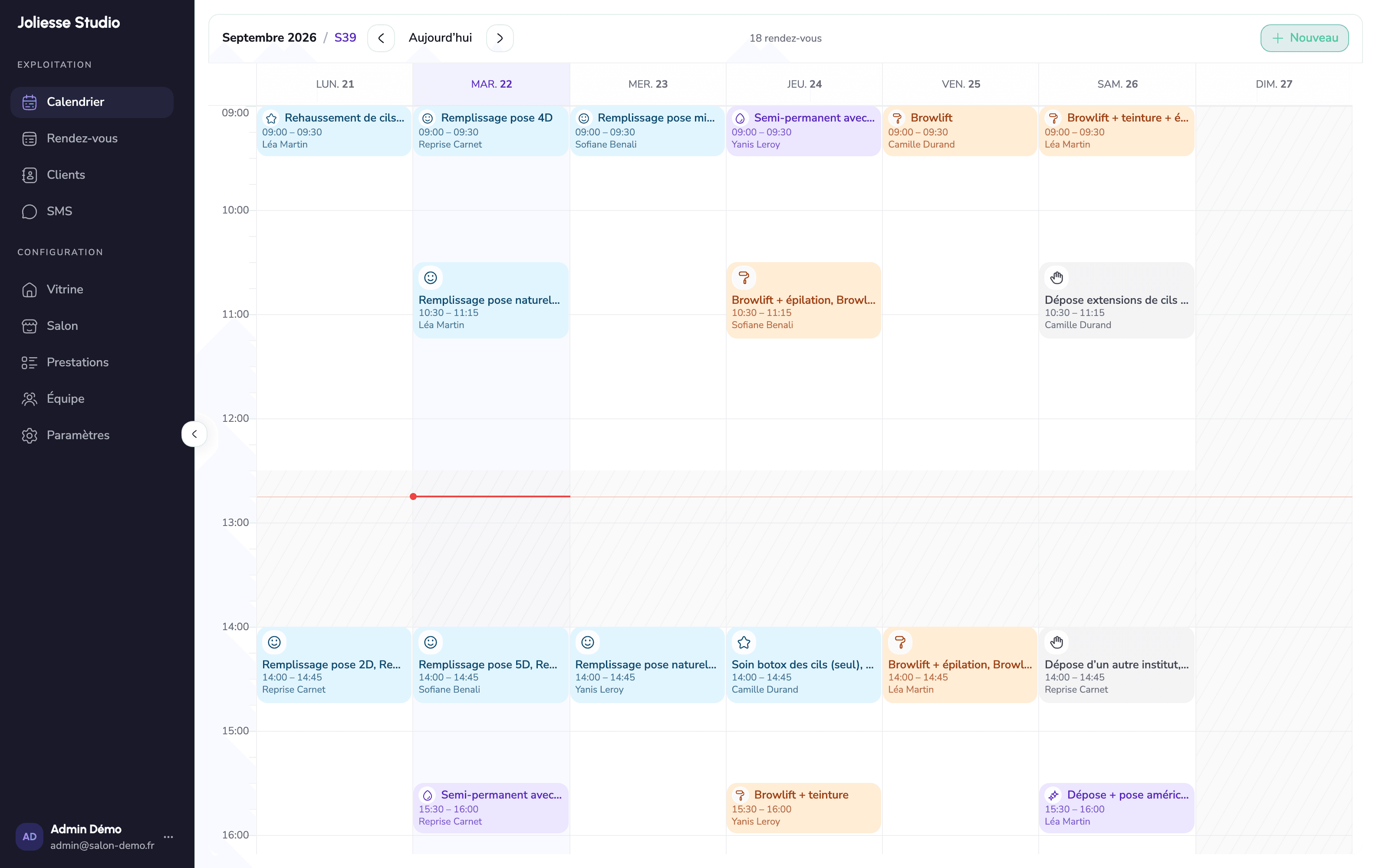 Calendrier hebdomadaire du back-office Créno, avec les rendez-vous de la semaine par jour et par créneau