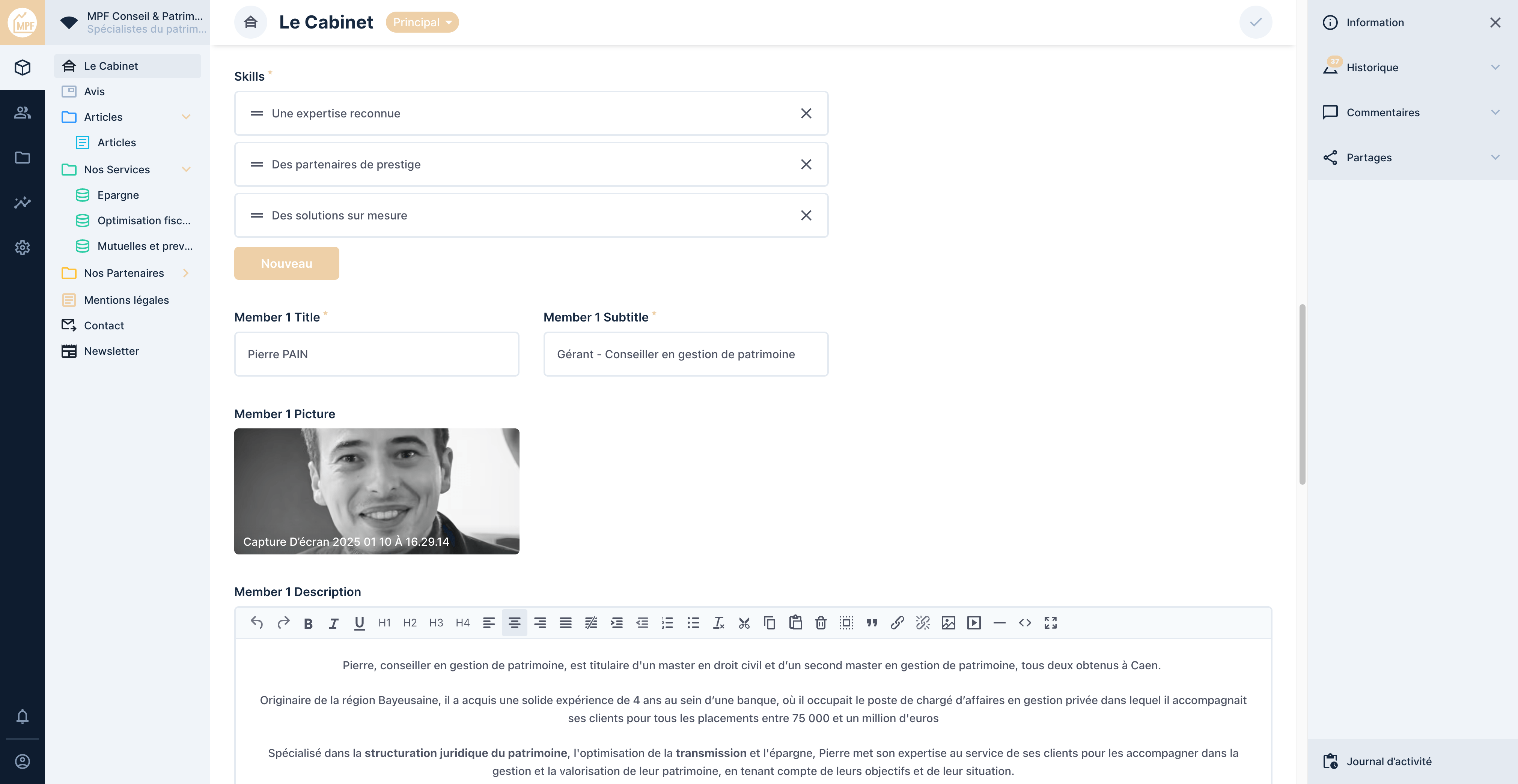 Vue rapprochée de l'administration sur mesure : édition des contenus du cabinet avec éditeur de texte enrichi.